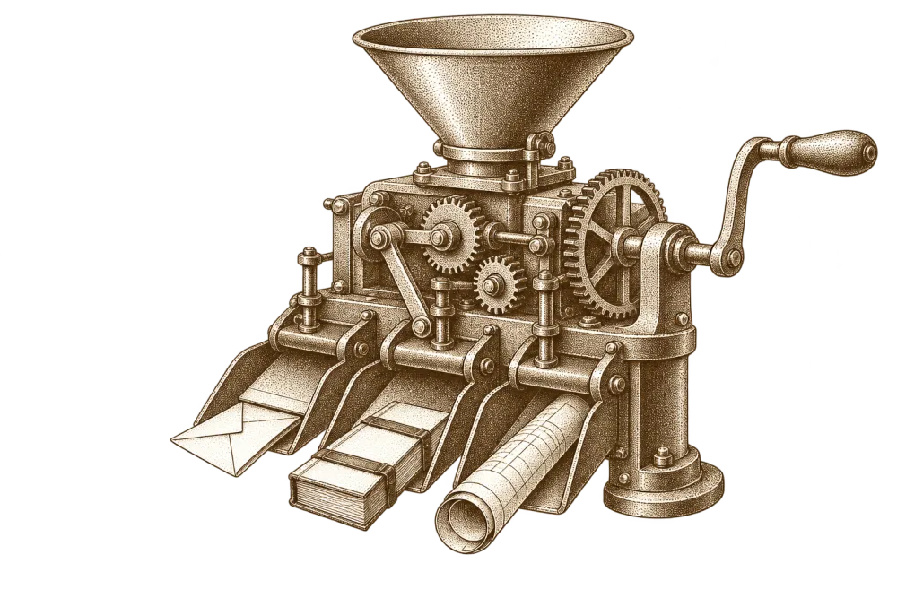 Engraving of a hand-cranked machine with one hopper on top and three chutes delivering a letter, a bound manuscript and a rolled blueprint